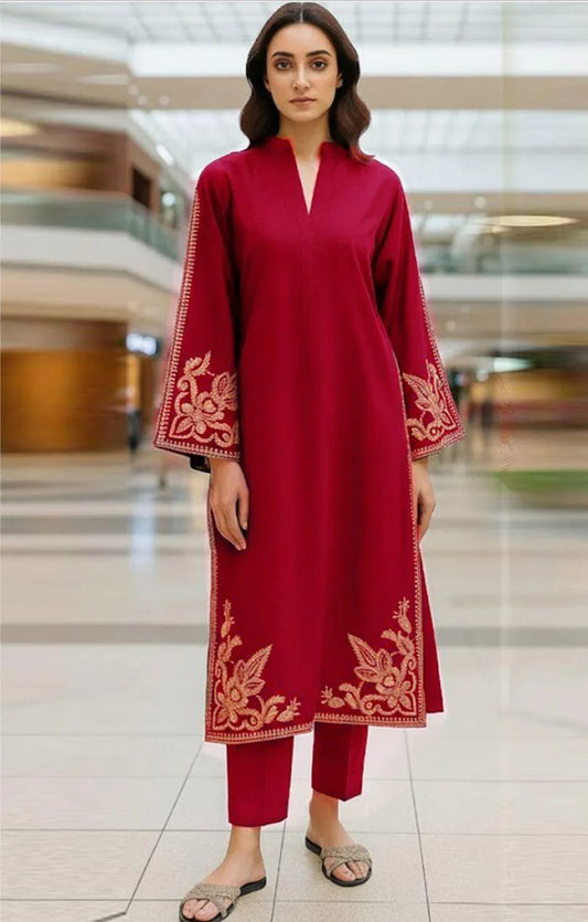 Maroon embroidered 2 piece lawan suit for women's